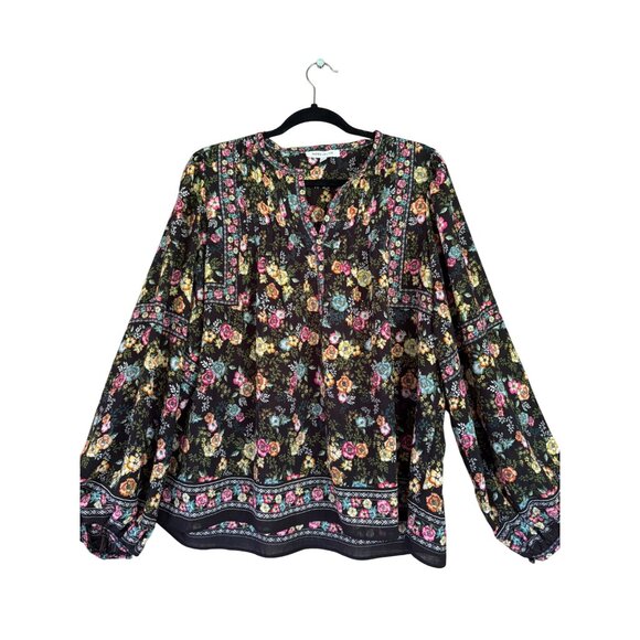 Rose+Olive Womens Floral Print Balloon Sleeve Boho Blouse Top Black Multicolor - Picture 2 of 13
